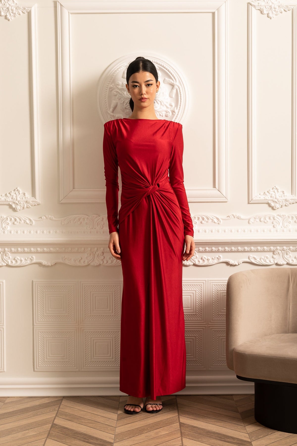 Satin Long Sleeve Twisted Waist Draped Maxi Dress - View 5