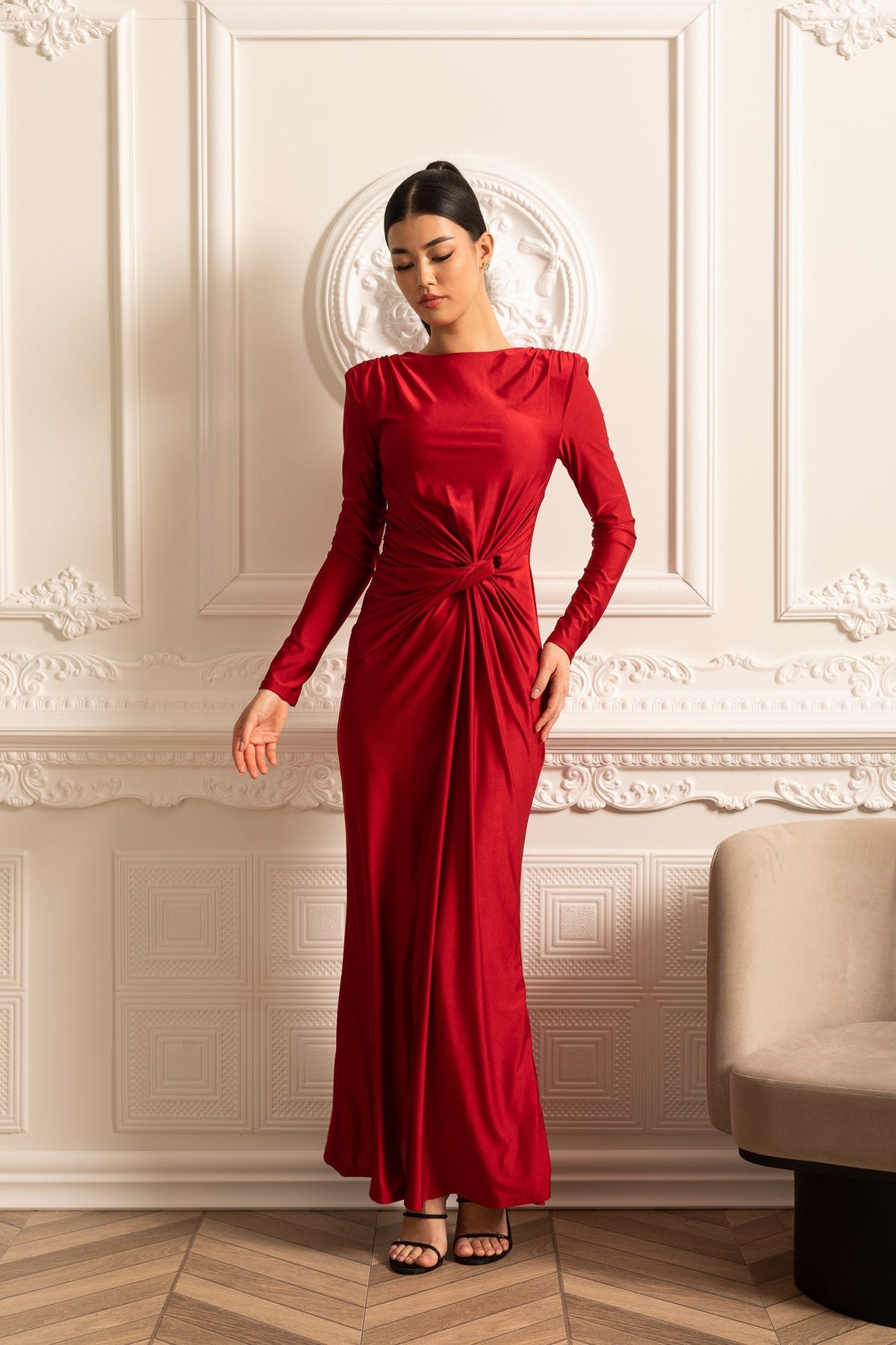 Satin Long Sleeve Twisted Waist Draped Maxi Dress - View 4
