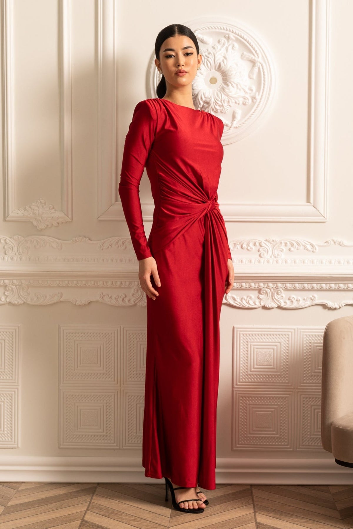Satin Long Sleeve Twisted Waist Draped Maxi Dress
