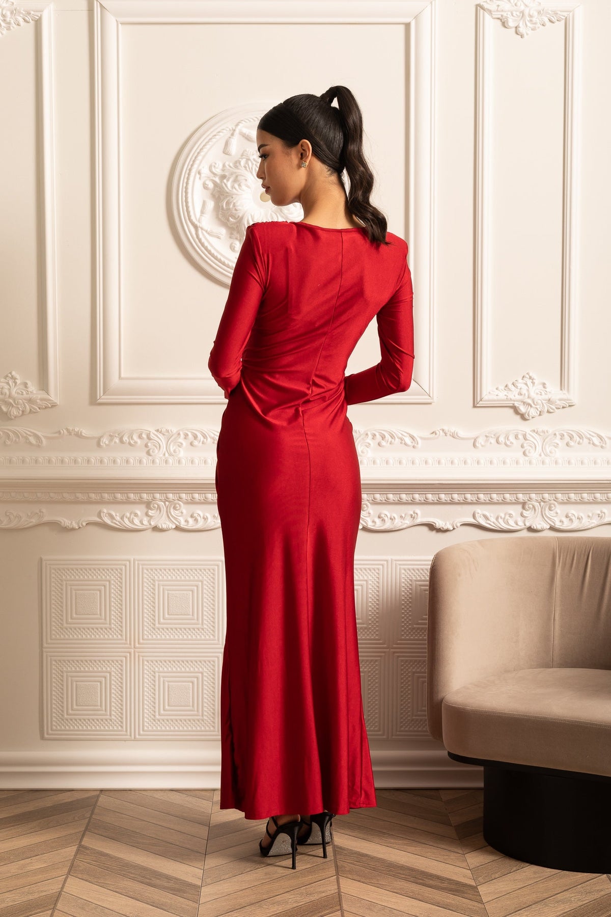 Satin Long Sleeve Twisted Waist Draped Maxi Dress - View 14