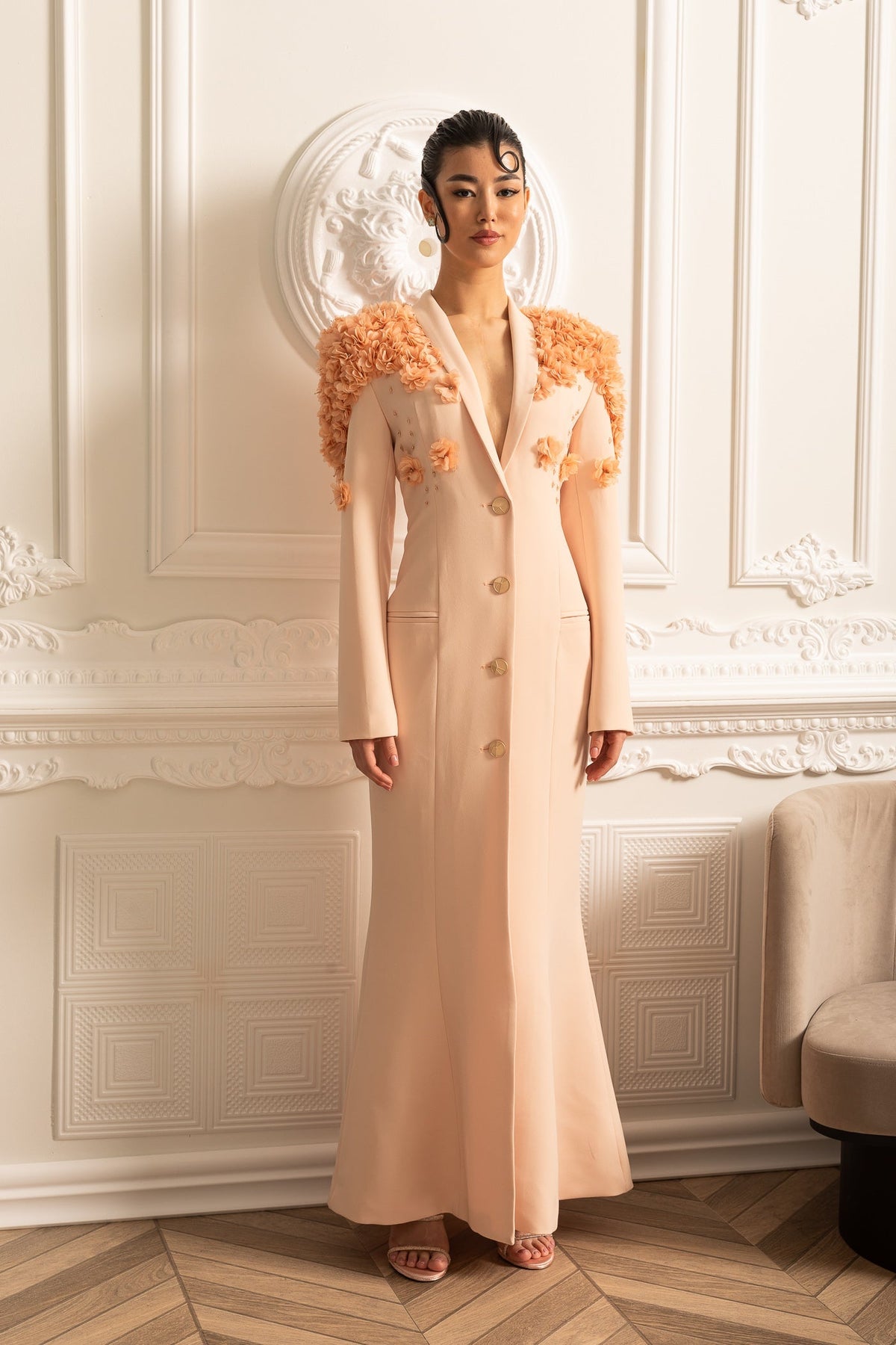 3D Floral Shoulder Notched Lapel Metallic Button Blazer Gown - View 5