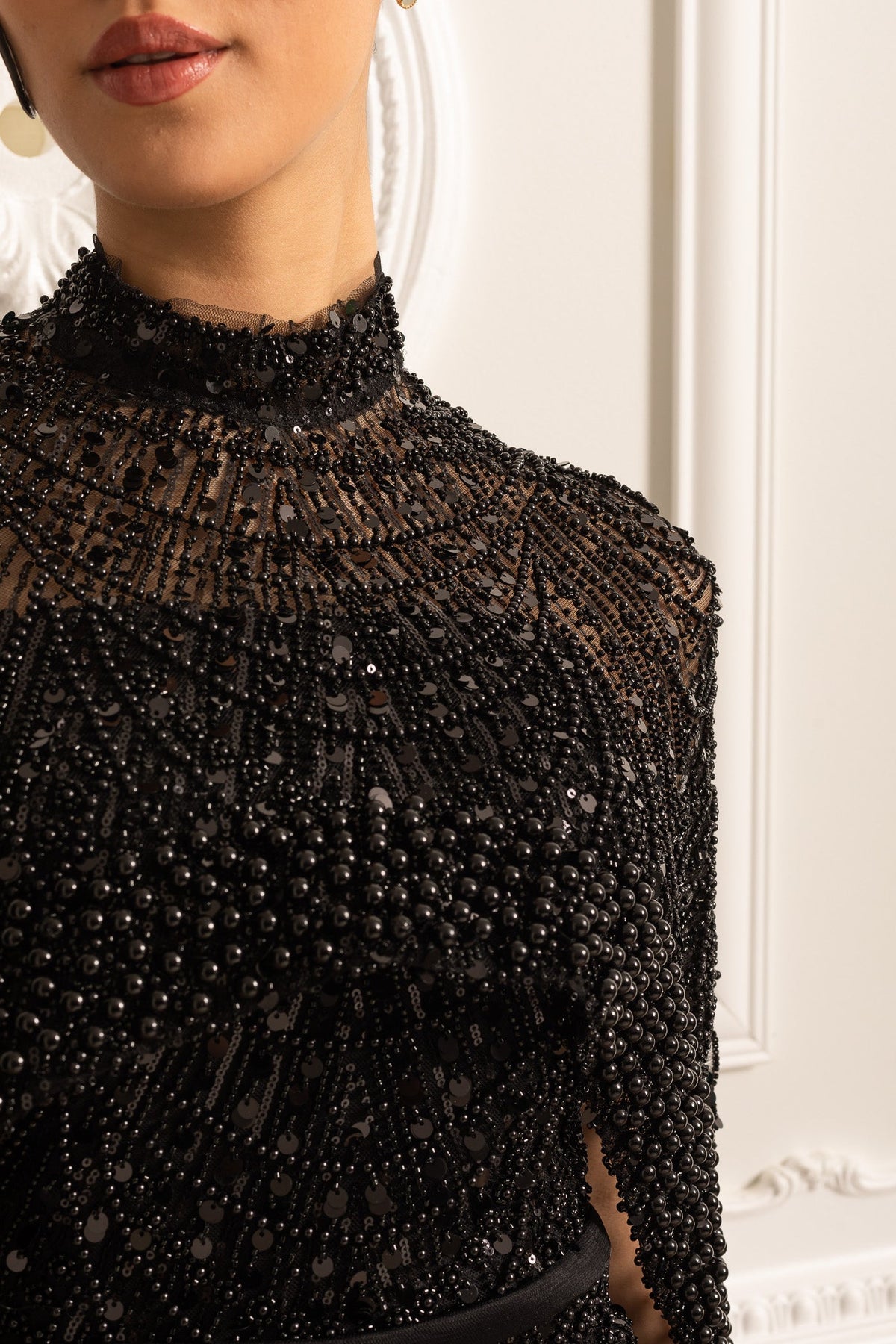 Mock Neck Beaded Pearl Mesh Cape Overlay Column Maxi Gown - View 8