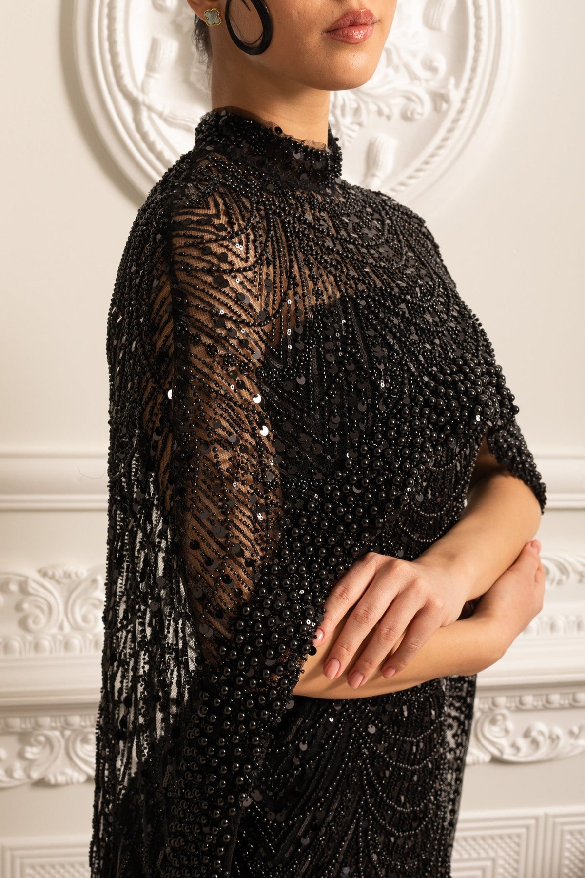 Mock Neck Beaded Pearl Mesh Cape Overlay Column Maxi Gown - View 15