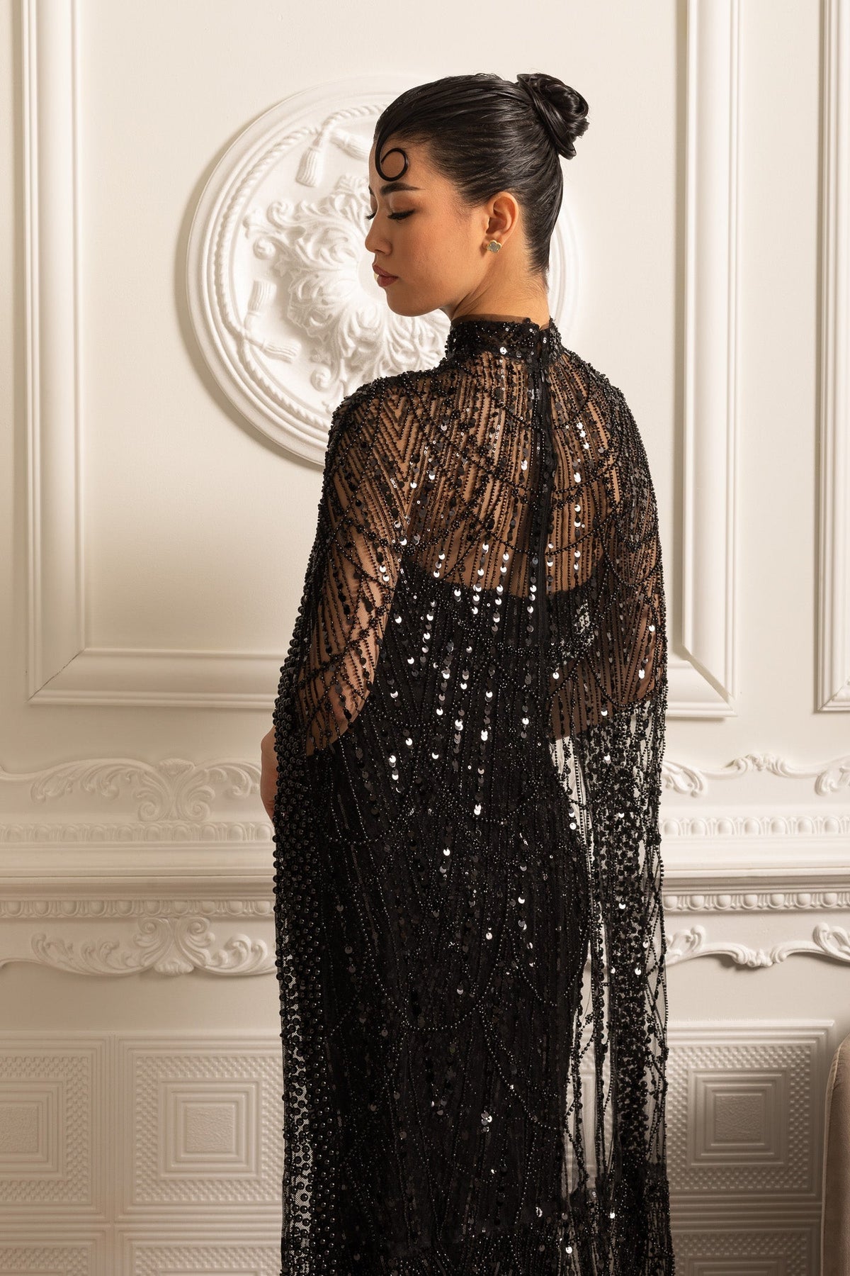 Mock Neck Beaded Pearl Mesh Cape Overlay Column Maxi Gown - View 20