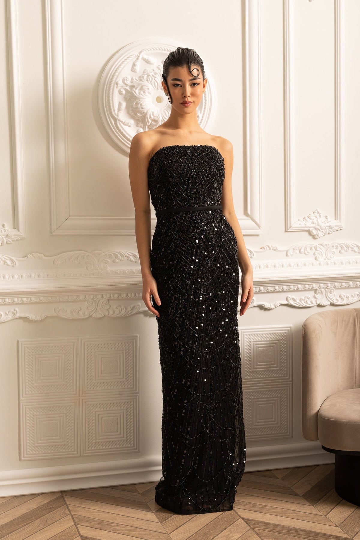 Mock Neck Beaded Pearl Mesh Cape Overlay Column Maxi Gown - View 22