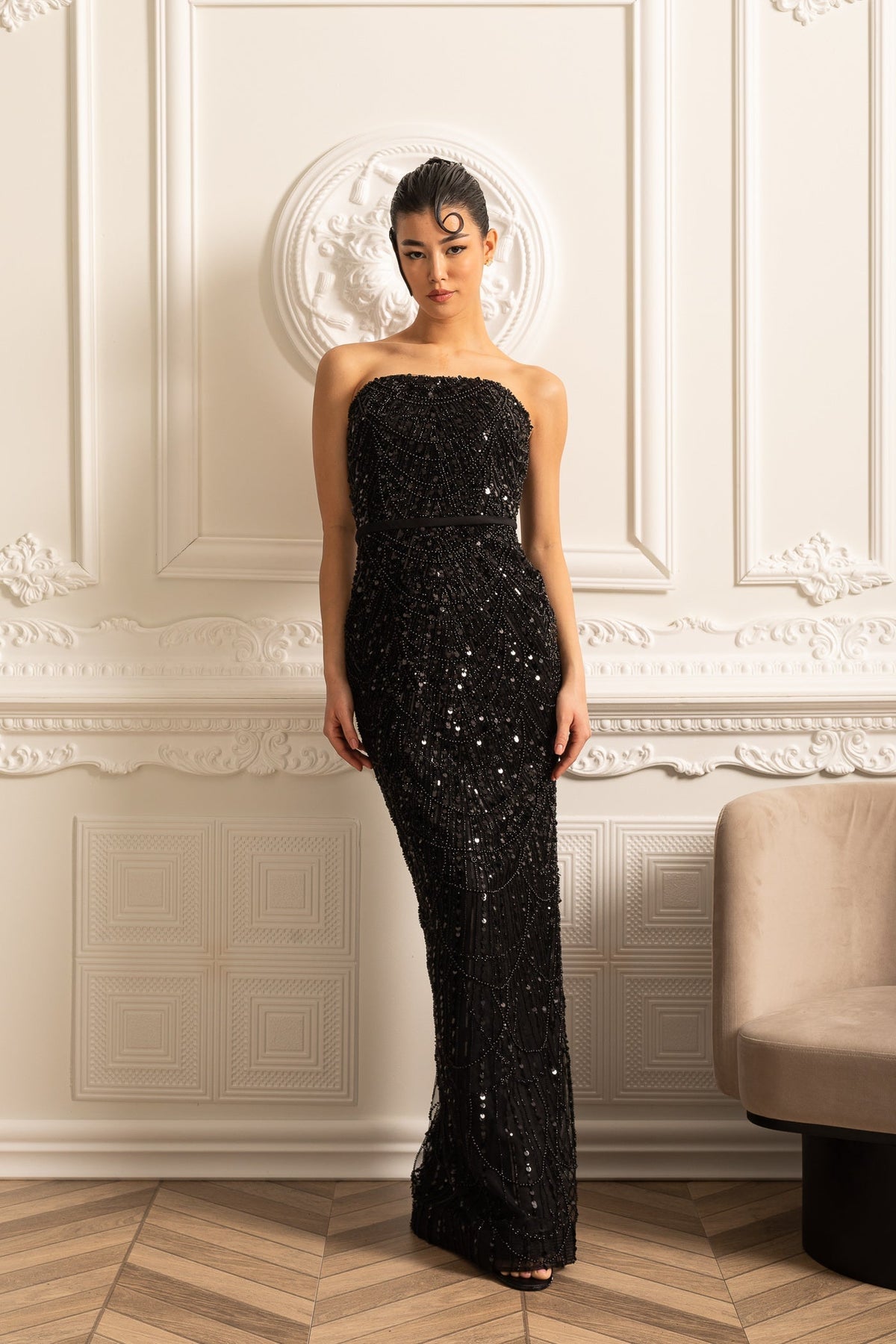 Mock Neck Beaded Pearl Mesh Cape Overlay Column Maxi Gown - View 23