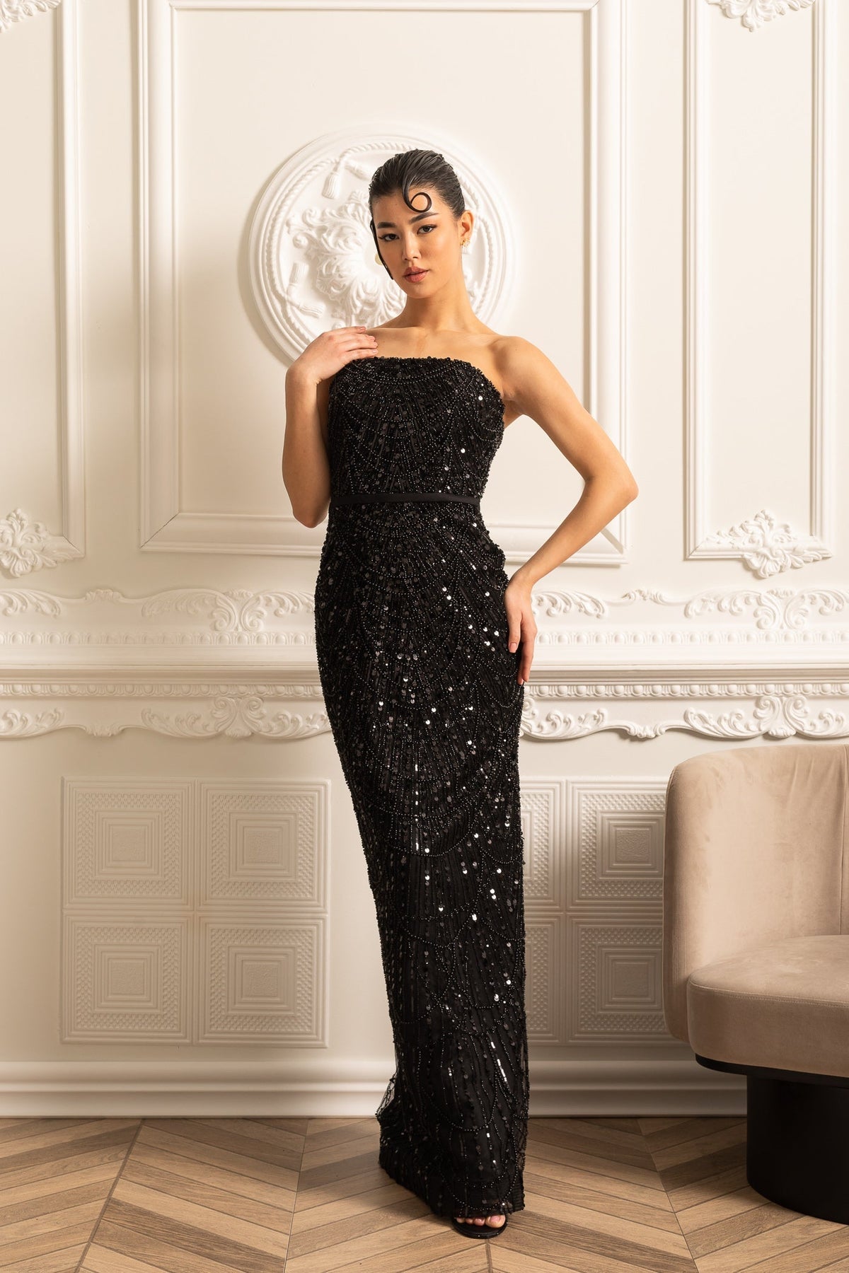 Mock Neck Beaded Pearl Mesh Cape Overlay Column Maxi Gown - View 24