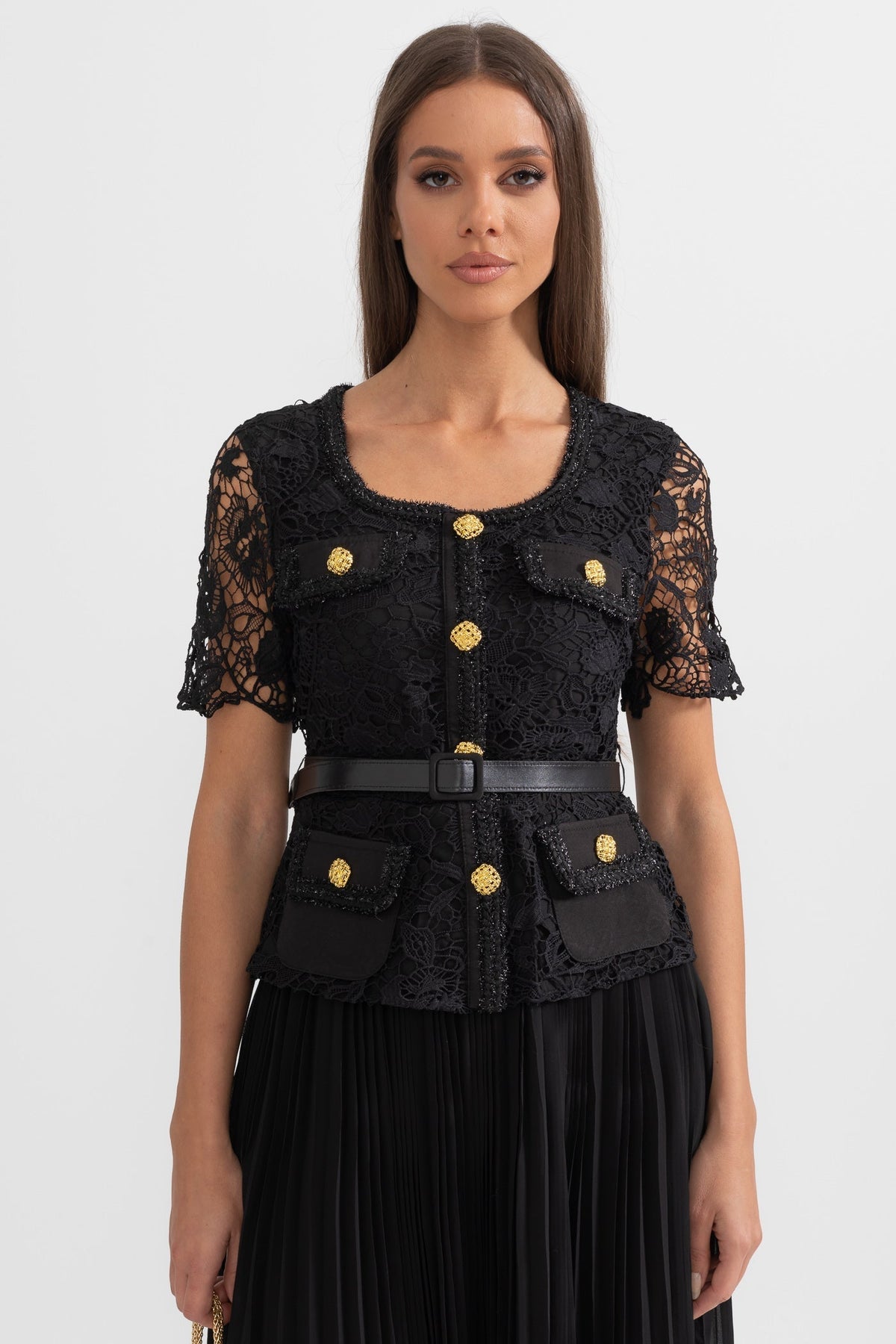 Lace Short Sleeve Scoop Neck Button Front Belted Pleated Midi Dress - View 4