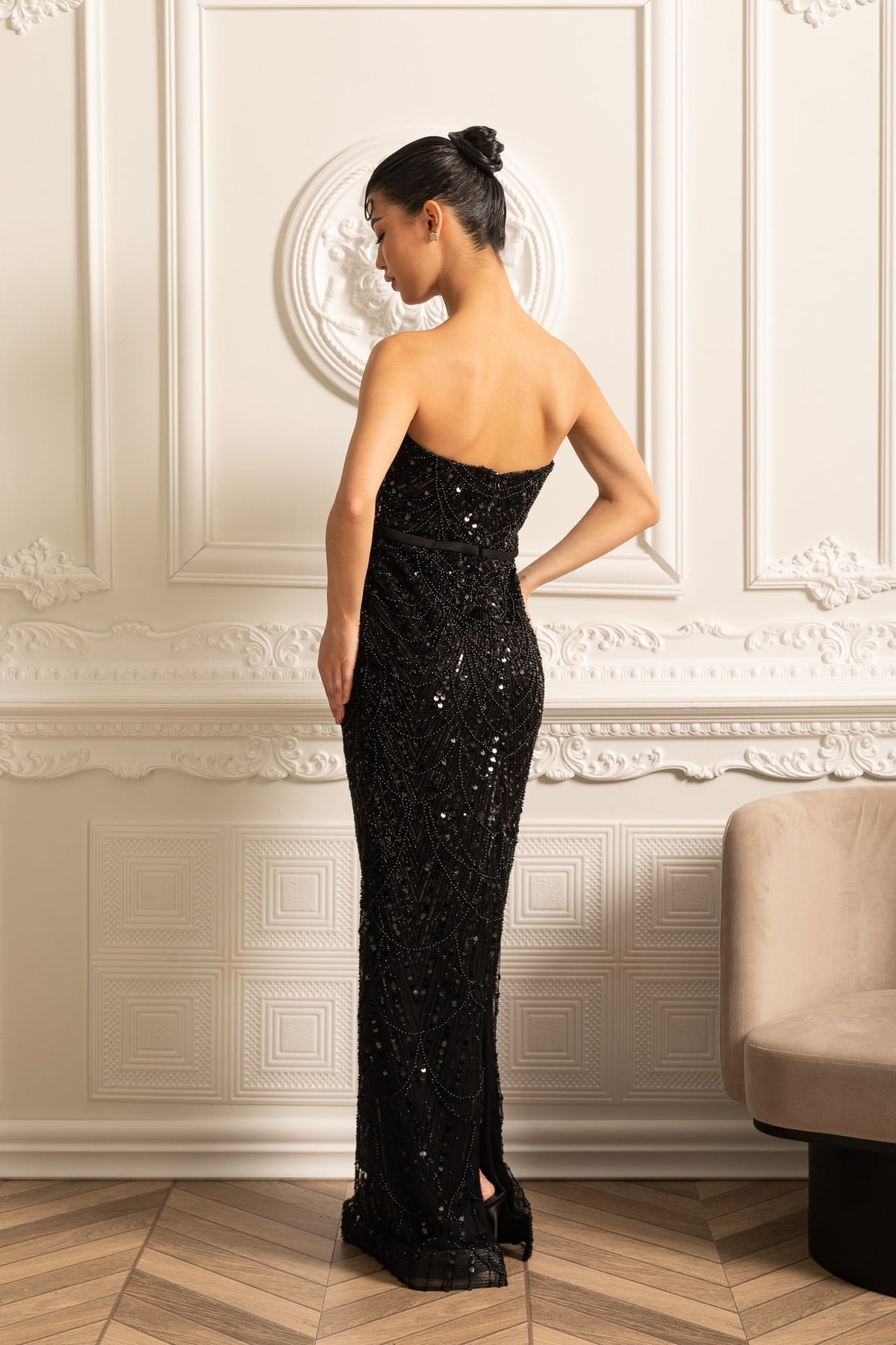 Mock Neck Beaded Pearl Mesh Cape Overlay Column Maxi Gown 27