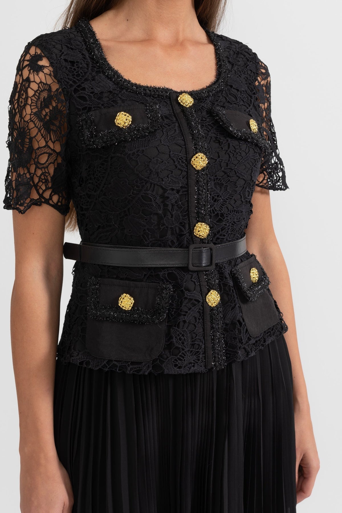 Lace Short Sleeve Scoop Neck Button Front Belted Pleated Midi Dress - View 2