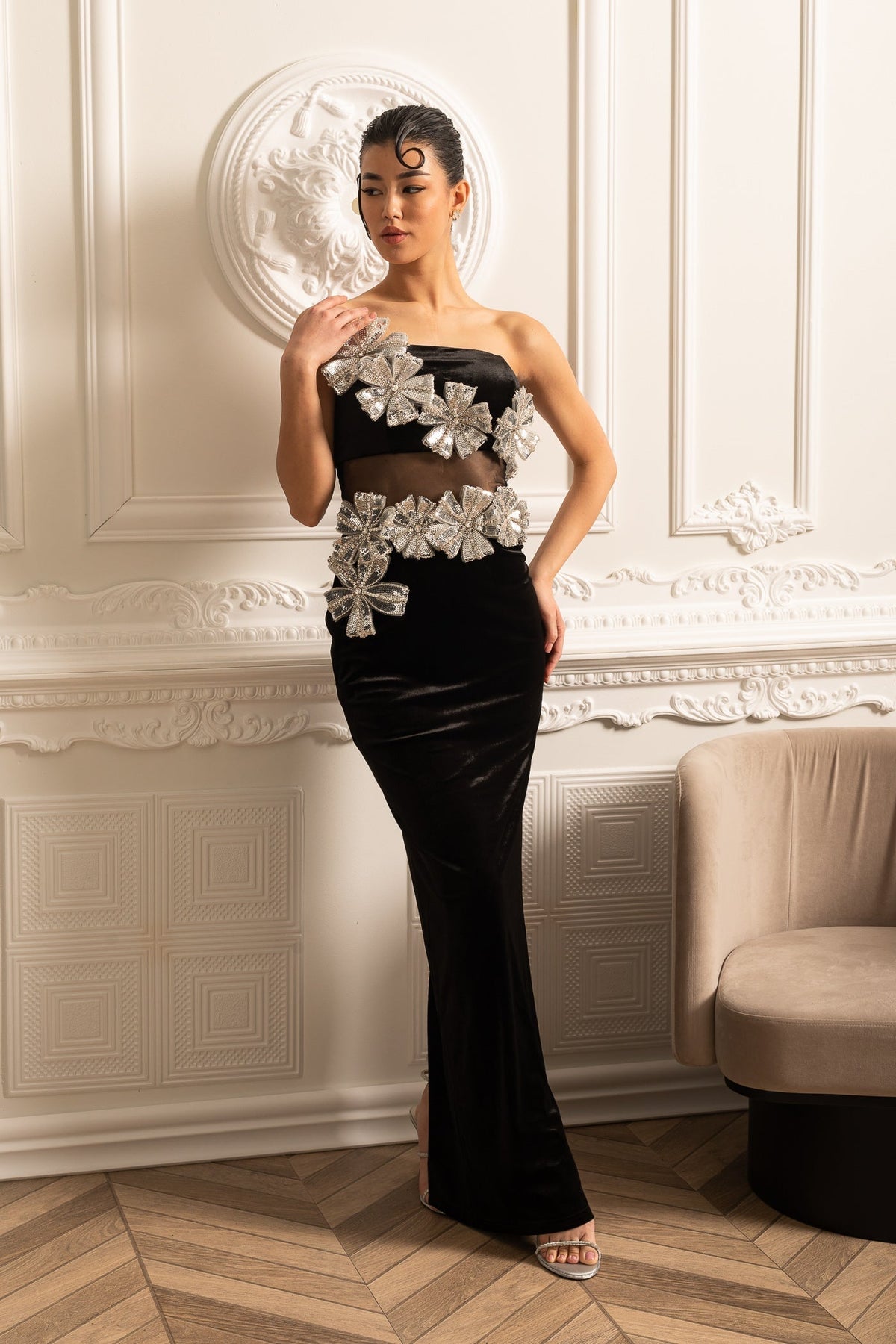 Velvet Strapless Mesh Waist Cut Out Floral Applique Maxi Gown - View 8
