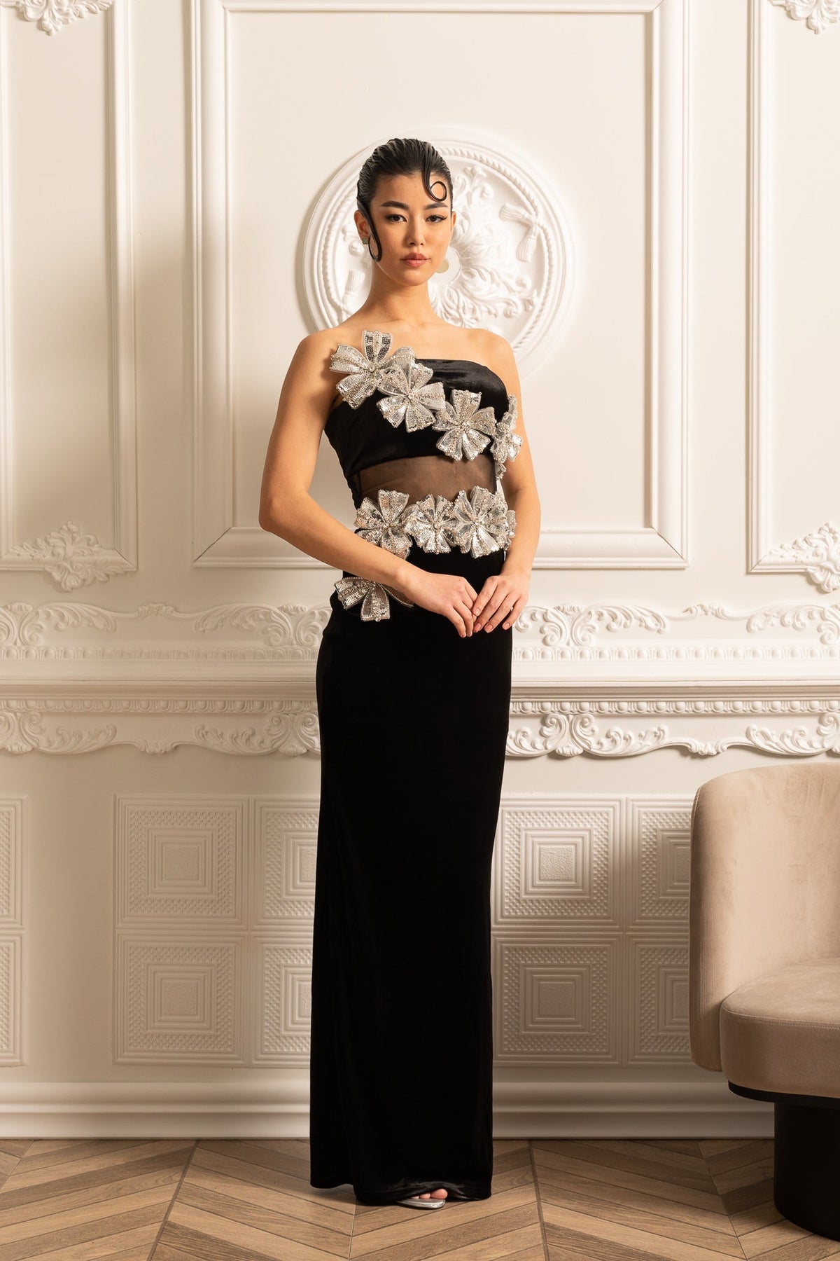 Velvet Strapless Mesh Waist Cut Out Floral Applique Maxi Gown - View 13