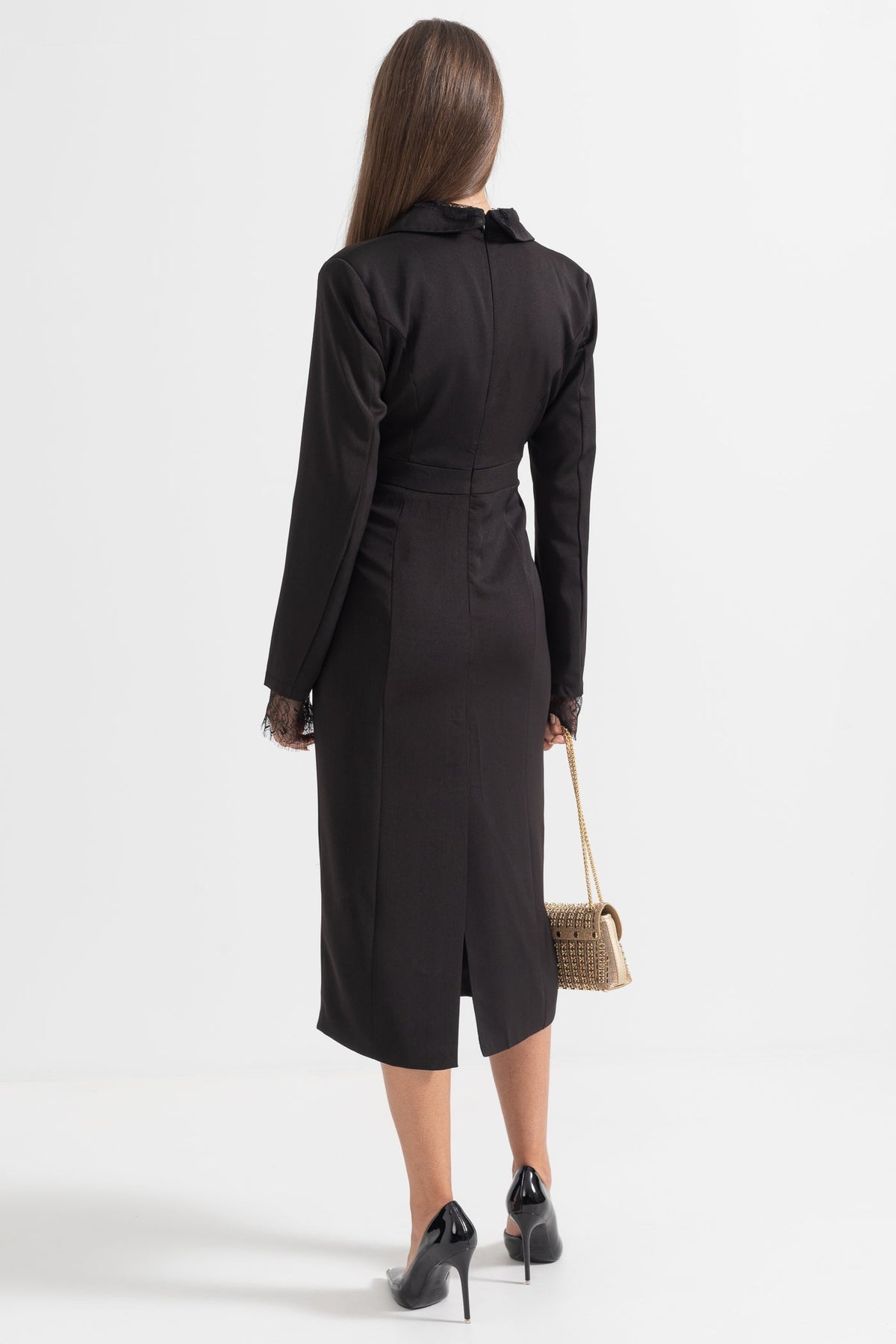 Lace Panel Deep V-Neck Lace Cuff Button Front Flap Pocket Maxi Dress - View 8