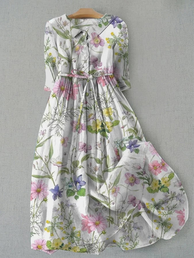 Floral Collared Button Front Tie Waist Midi Dress