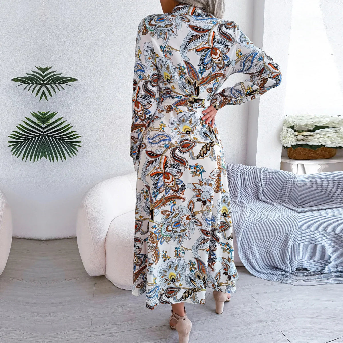 Floral Print Collar Button Front Long Sleeve Belted Shirt Maxi Dress - View 3