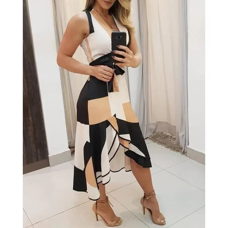 Deep V-Neck Wide Strap Tie Belt Asymmetric Ruffle Hem Midi Dress - View 2