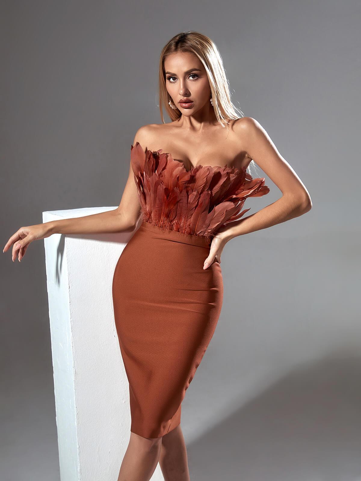 Feather Strapless Bandage Midi Dress - View 3