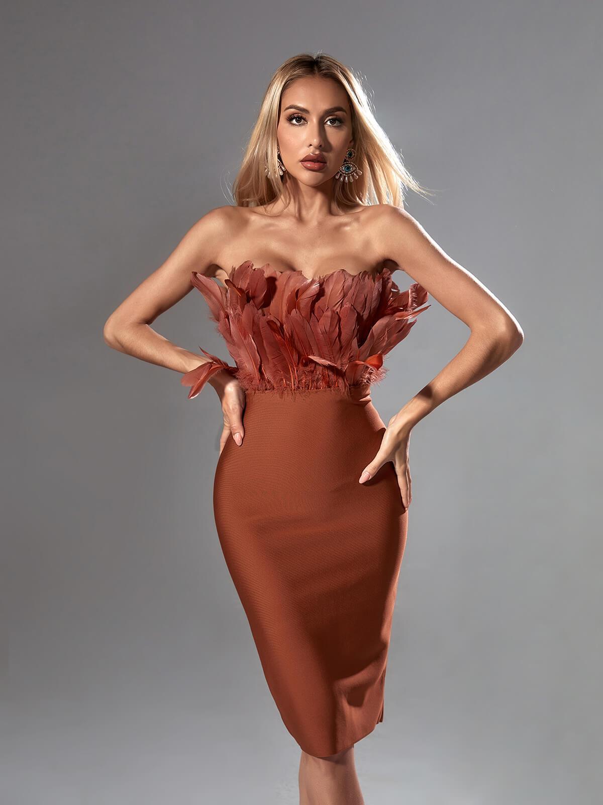 Feather Strapless Bandage Midi Dress - View 2