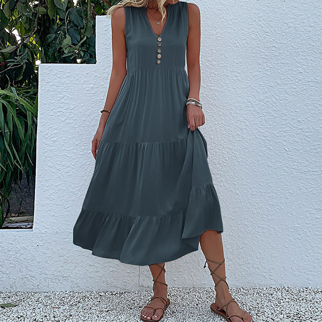 Sleeveless V-Neck Button Front Tiered Babydoll Midi Summer Dress - View 4