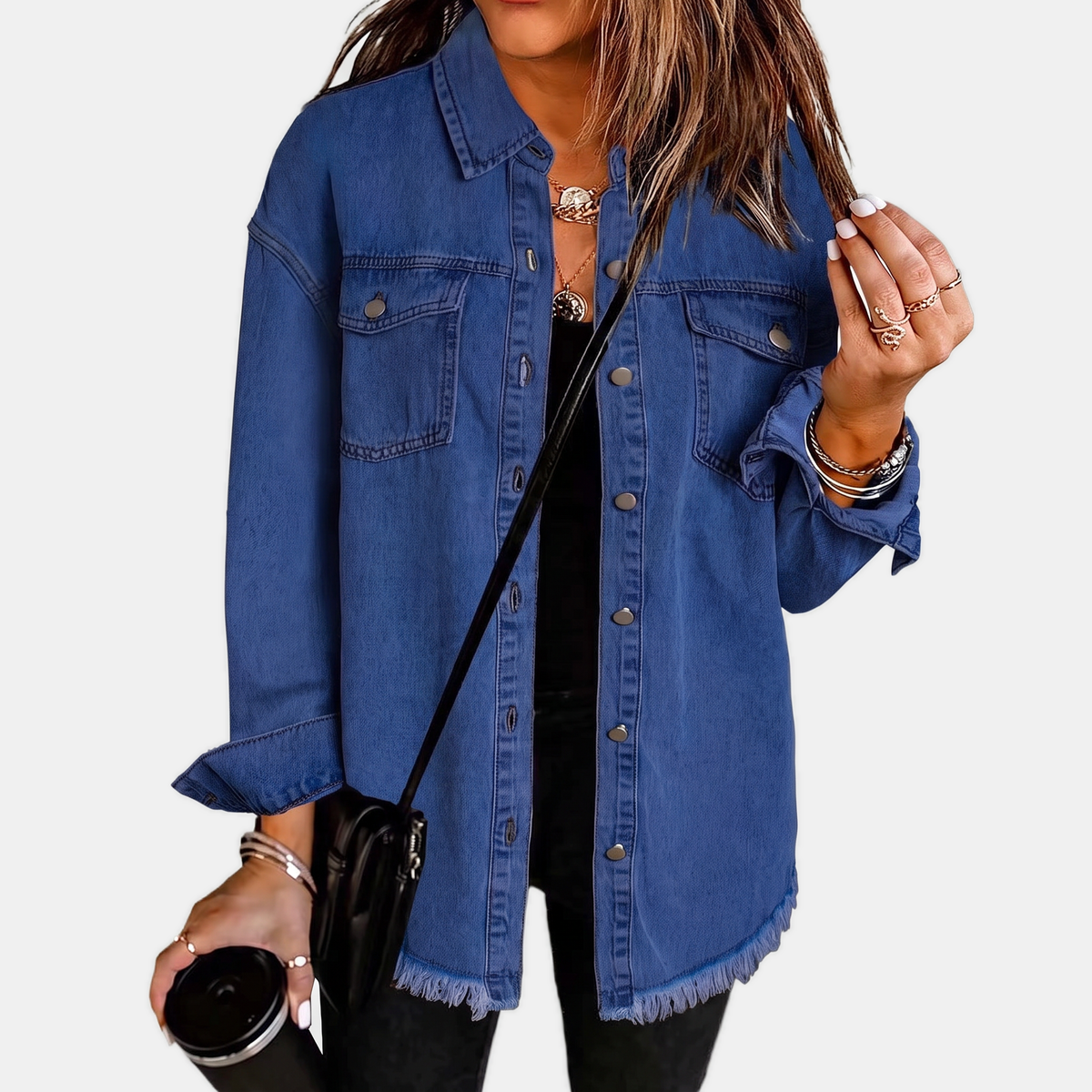Oversized Frayed Hem Button Front Denim Shacket 5