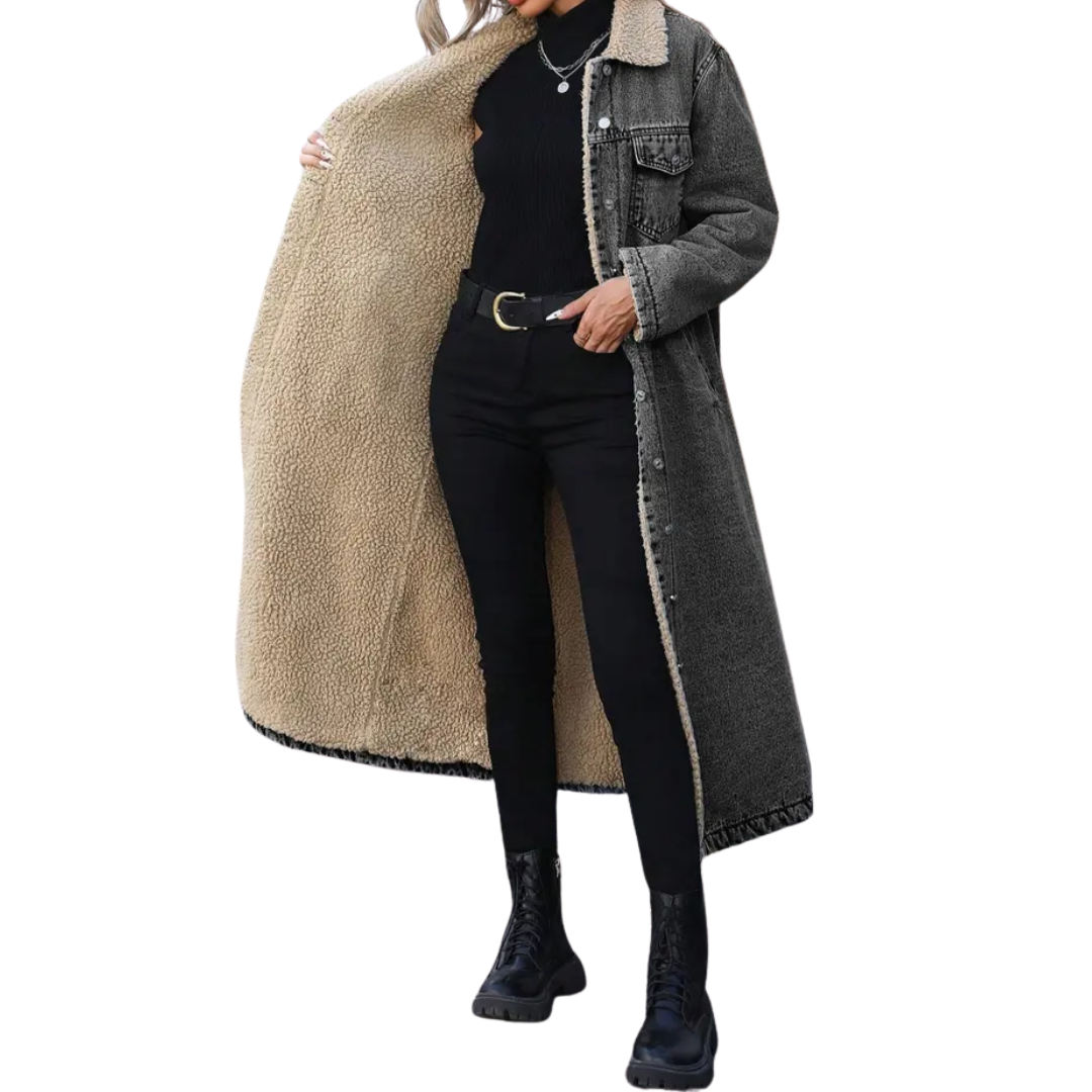 Spread Collar Button Front Fleece Lined Longline Denim Jacket 2