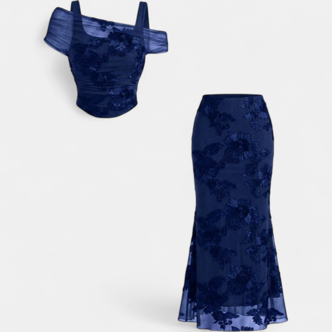 Embroidered Mesh Cold Shoulder Top and Mermaid Maxi Skirt Two Piece Set 5