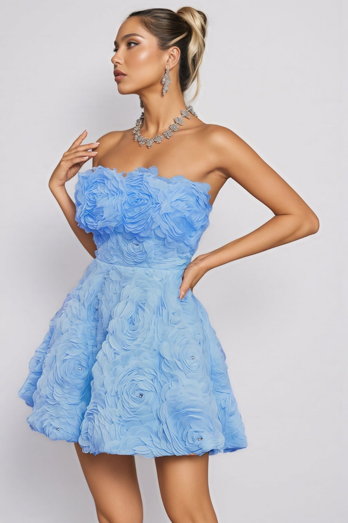 Organza 3D Rose Strapless Fit and Flare Mini Dress - View 2
