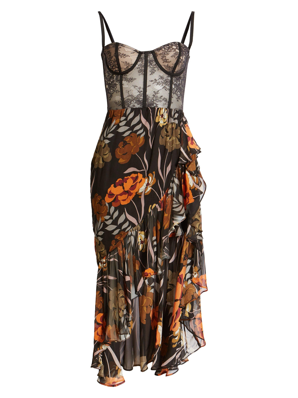Floral Print Lace Bustier Spaghetti Strap High Low Midi Dress - View 5