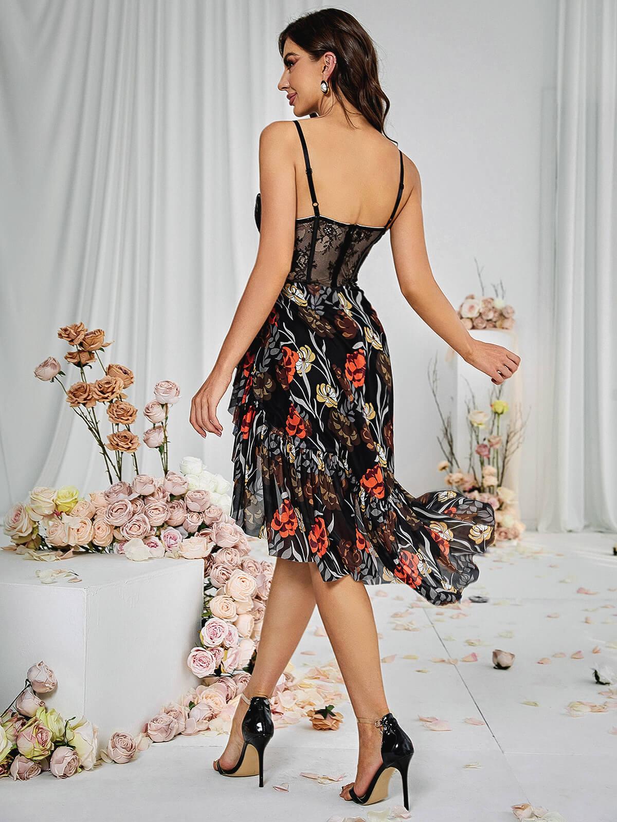 Floral Print Corset Spaghetti Strap High Low Midi Dress - View 5