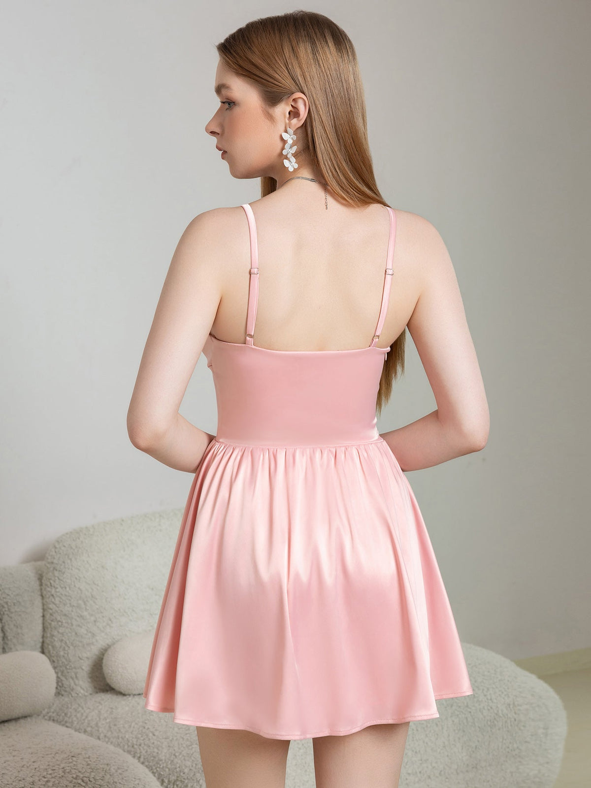 Satin Deep V-Neck Spaghetti Strap Bow Tie Basque Waist Mini Dress - View 2