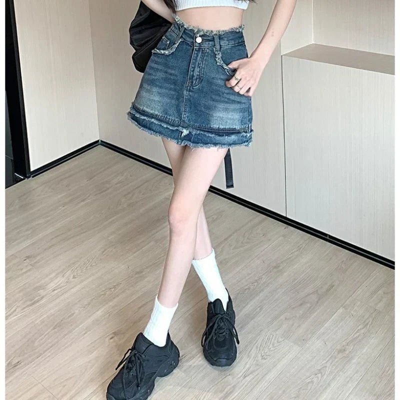 Vintage Washed Patchwork Pleated Denim Mini Skort