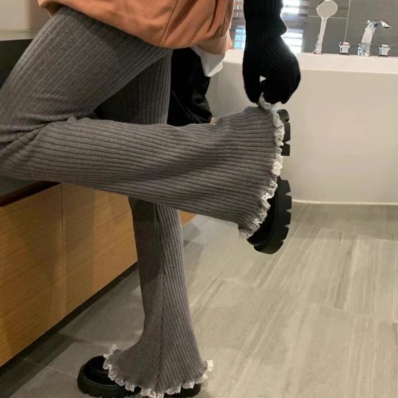 Gray Lace Flare Women Knit Pants