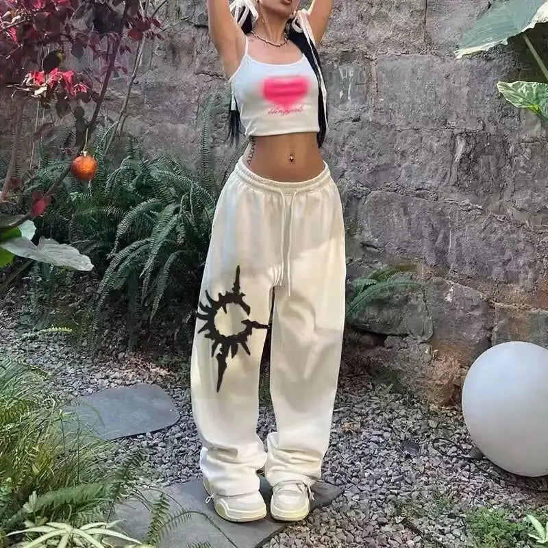High Waist Drawstring Sun Graphic Baggy Sweatpants