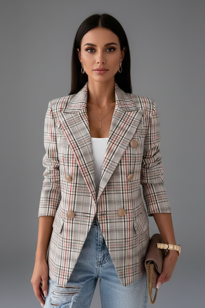 Plaid Notch Lapel Double Breasted Blazer 5