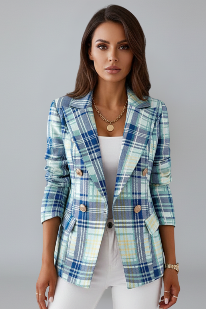Plaid Notch Lapel Double Breasted Blazer 7