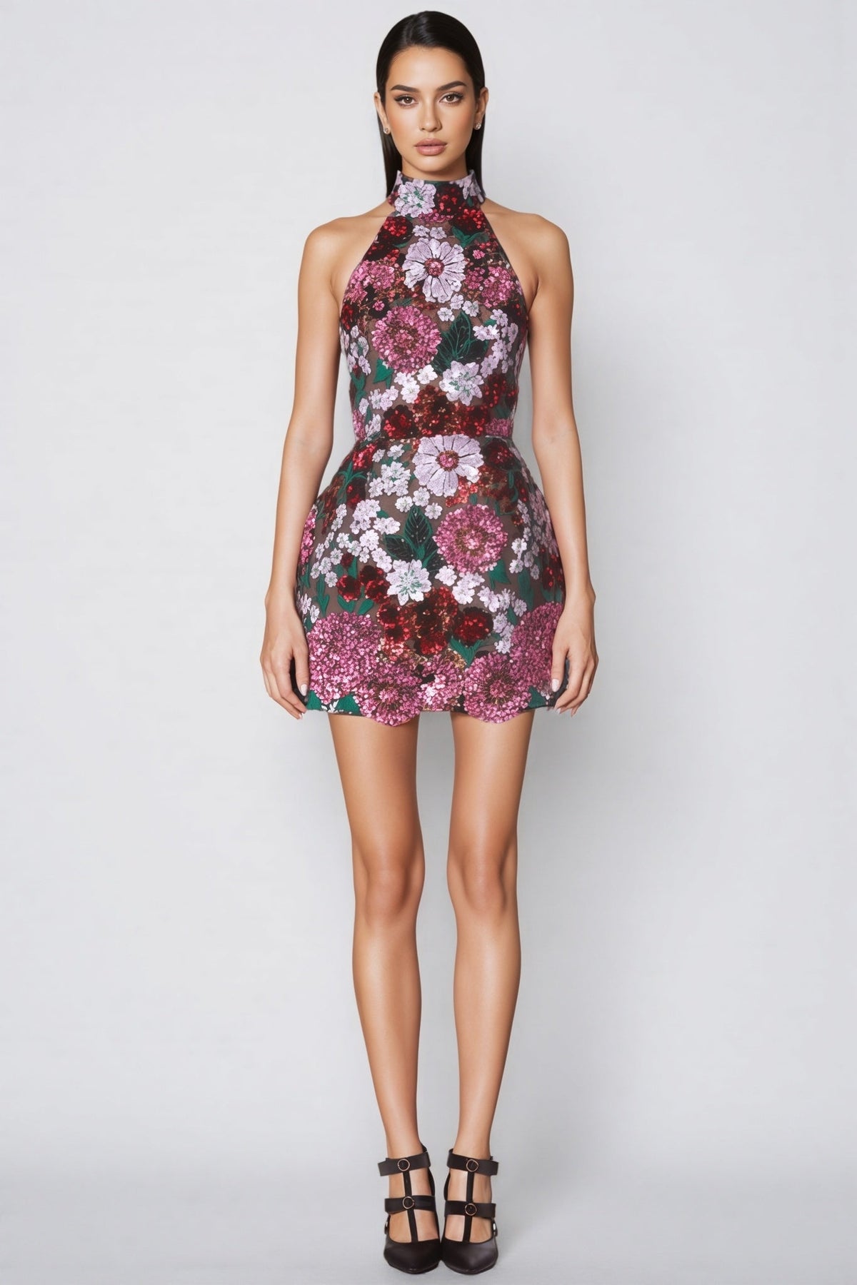 Sequin Floral Halter Neck Fit and Flare Mini Dress - View 2