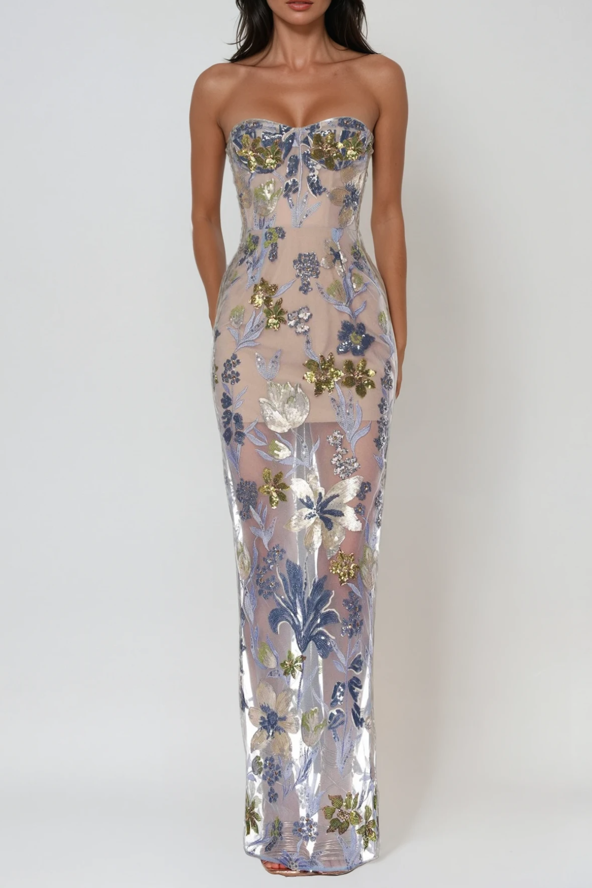 Strapless Sweetheart Floral Sequin Sheer Mesh Maxi Gown