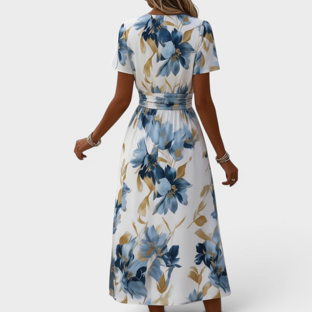 Floral V-Neck Short Sleeve Wrap Waist Midi Dress 4