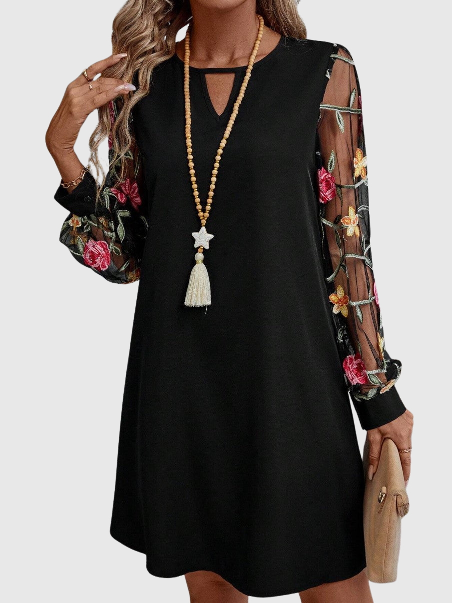 Keyhole Neck Floral Embroidered Mesh Sleeve Shift Mini Dress 2
