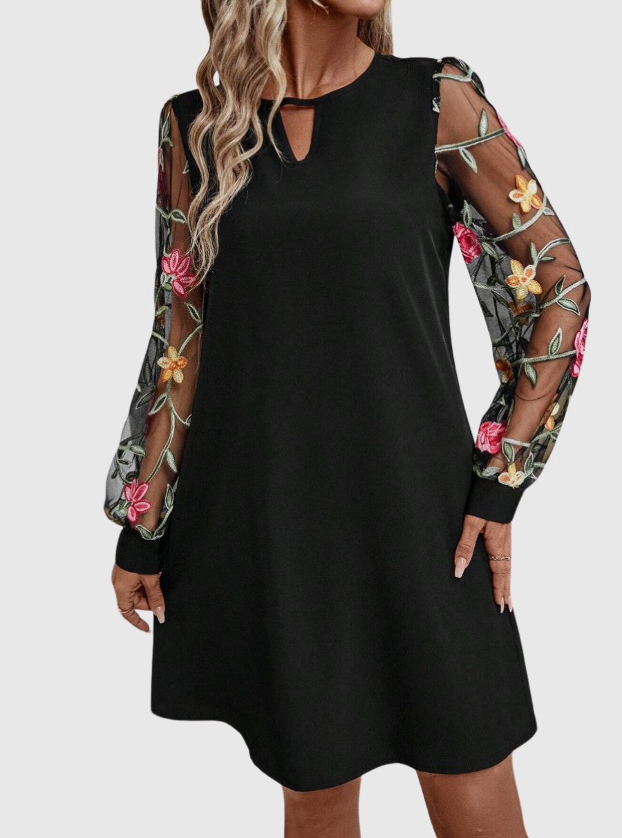 Keyhole Neck Floral Embroidered Mesh Sleeve Shift Mini Dress 6