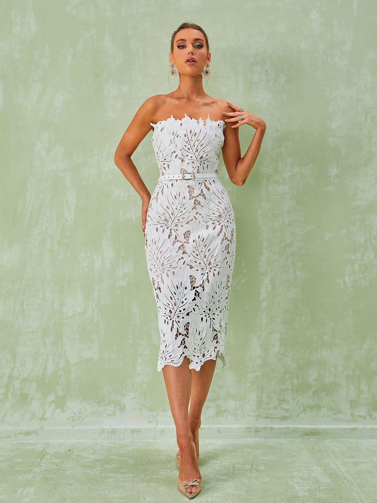 Despina White Lace Midi Dress - View 3