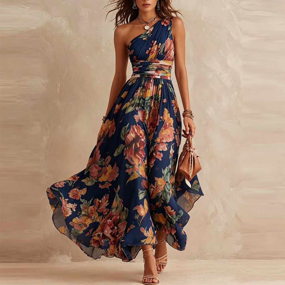 One Shoulder Floral Print Ruched Waist Flowy Maxi Dress 4