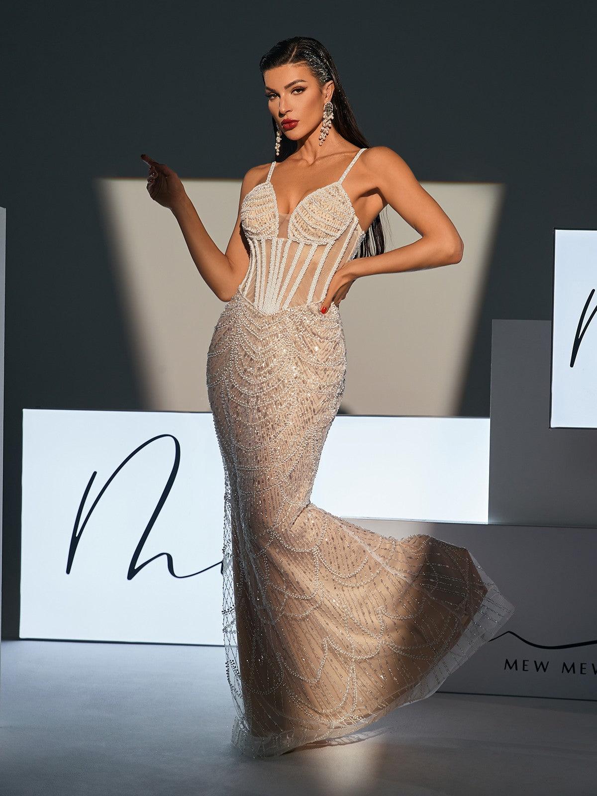 Spaghetti Strap Sweetheart Corset Pearl Beaded Sequin Mermaid Gown - View 4