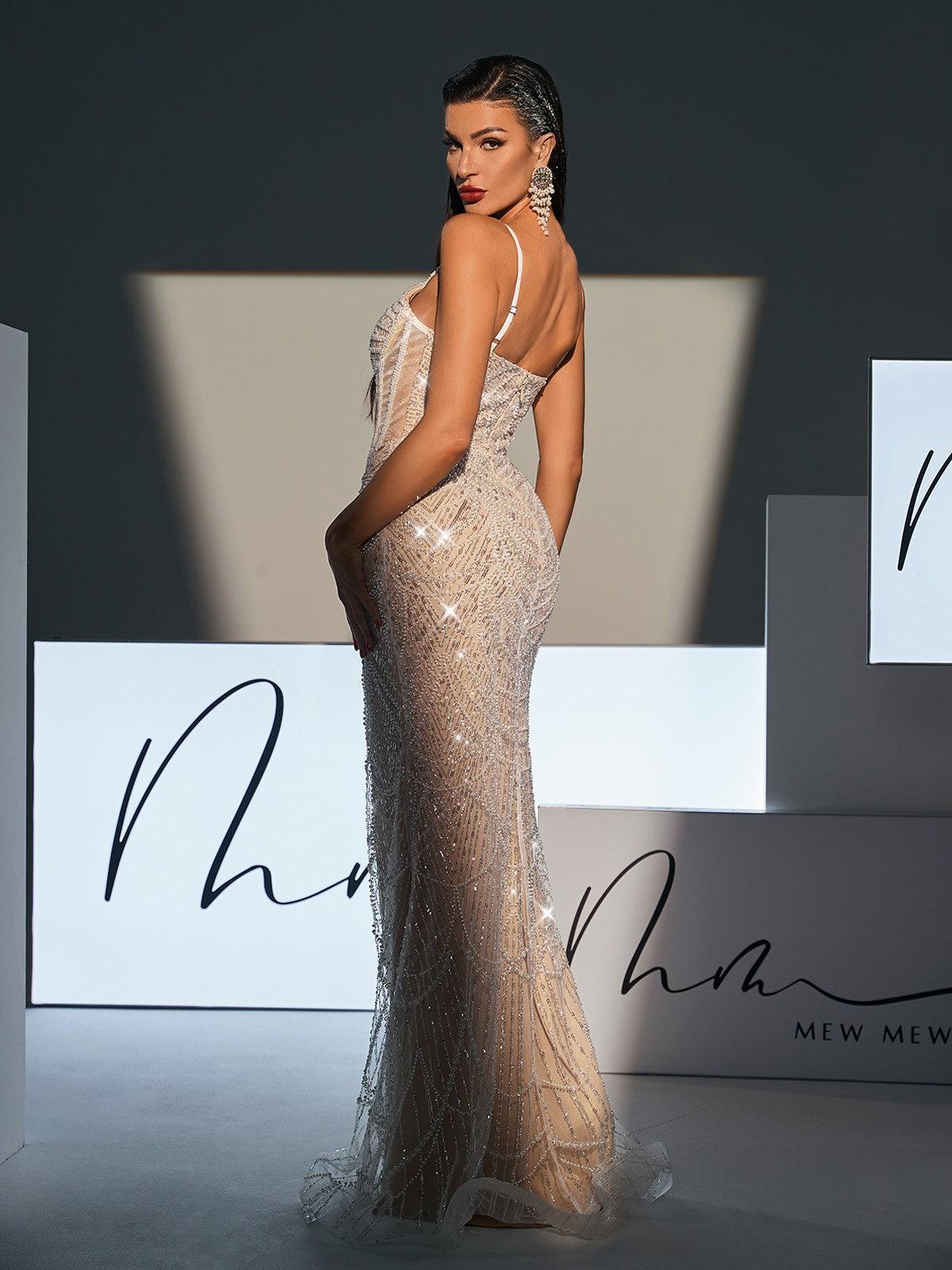 Spaghetti Strap Sweetheart Corset Pearl Beaded Sequin Mermaid Gown - View 5