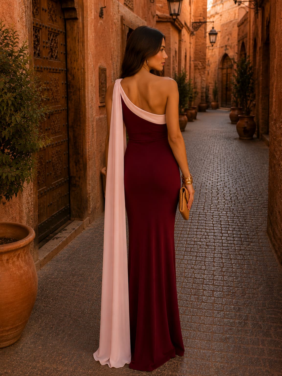 One Shoulder Contrast Draped Panel Mermaid Maxi Gown 3