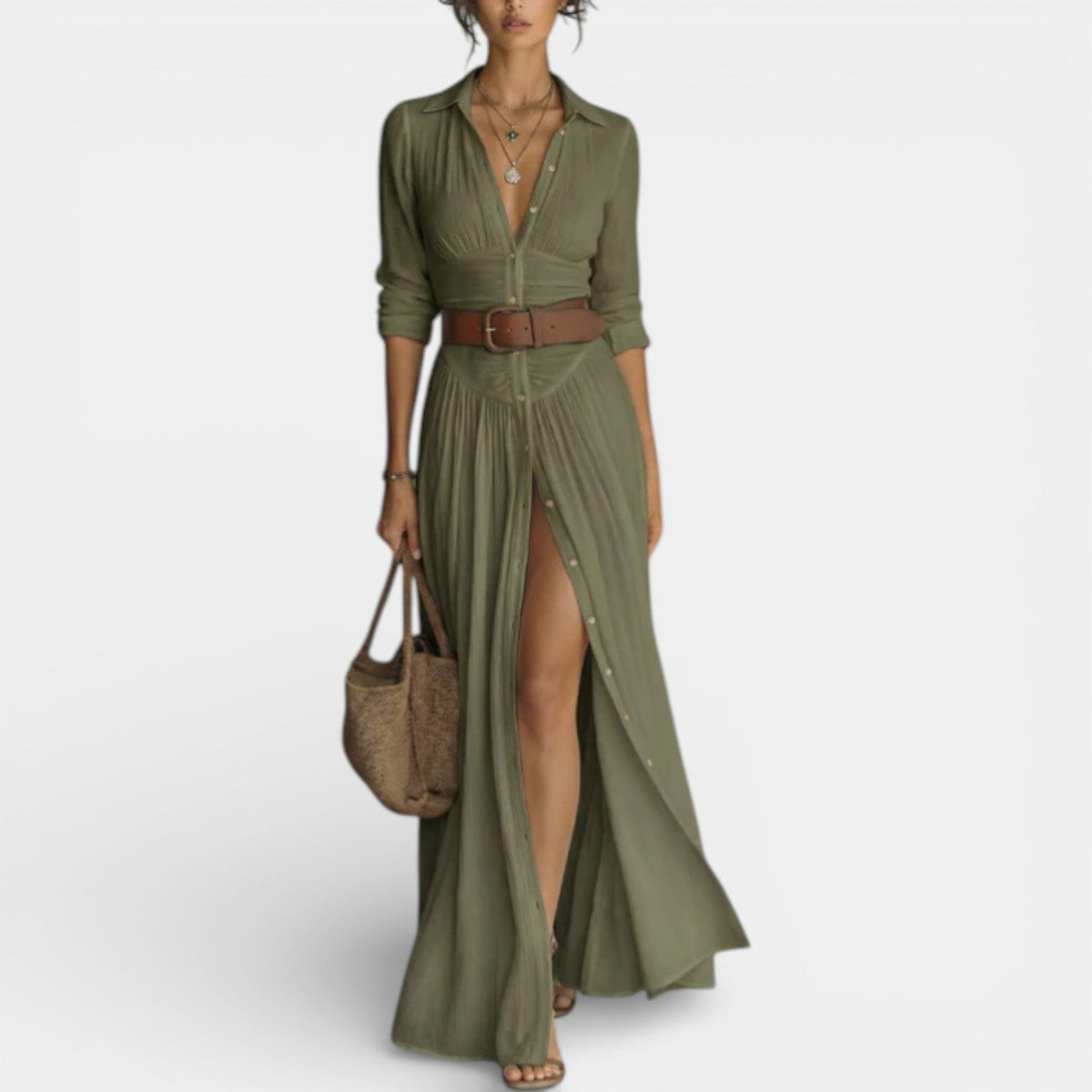 Collared Long Sleeve Belted Wrap Maxi Shirt Dress 7