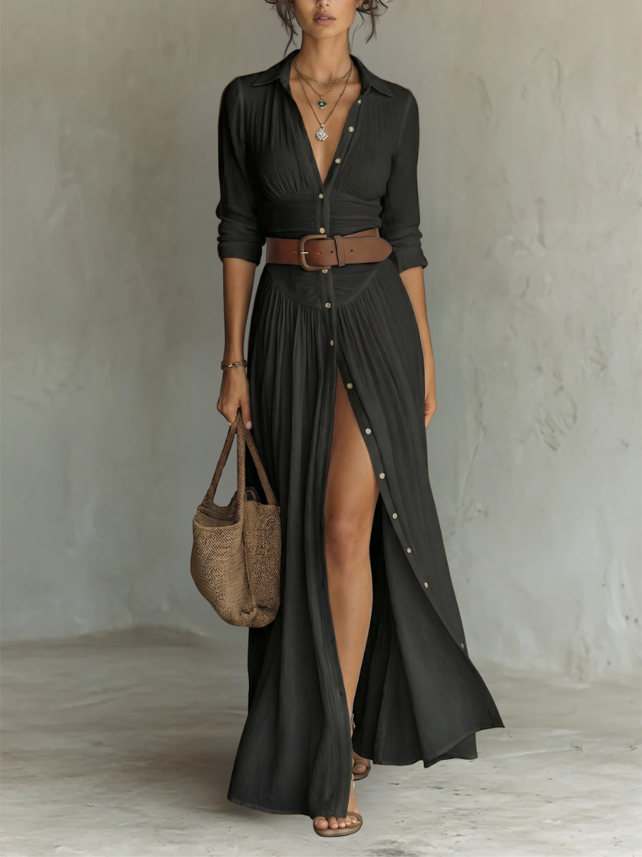 Collared Button Front High Split Long Sleeve Maxi Shirt Dress 2