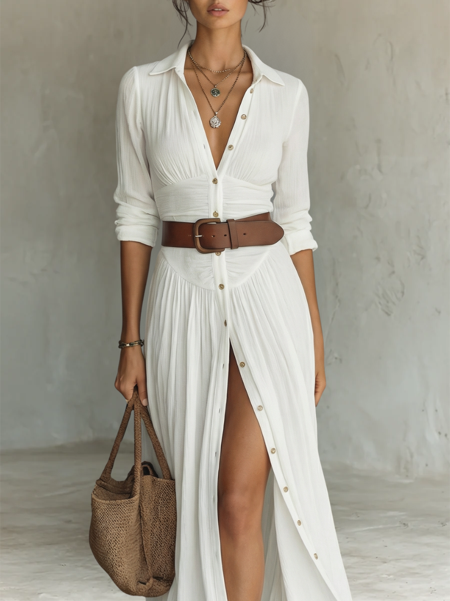 Collared Button Front High Split Long Sleeve Maxi Shirt Dress 6