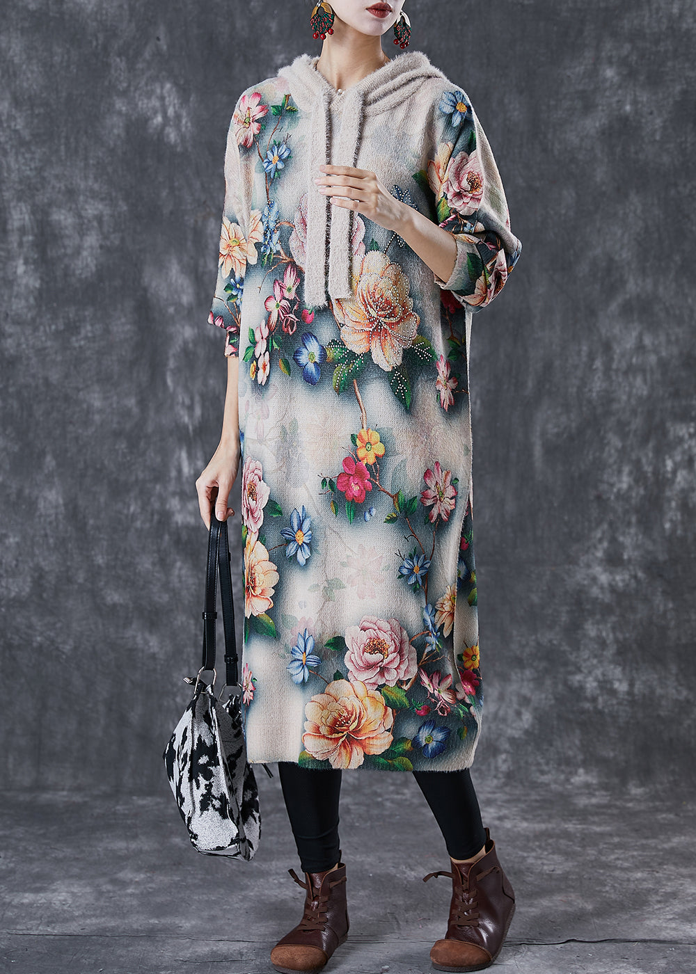 Floral Print Hooded Drawstring Rib Knit Drop Shoulder Midi Dress - View 3