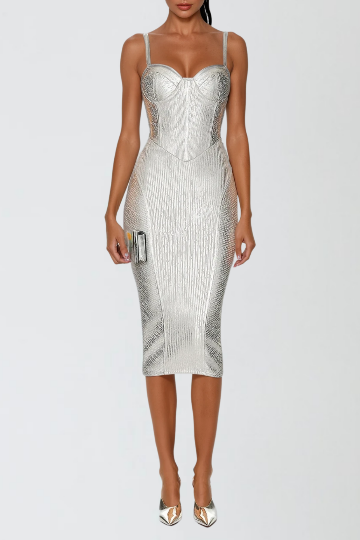 Metallic Ribbed Bustier Corset Spaghetti Strap Bodycon Midi Dress